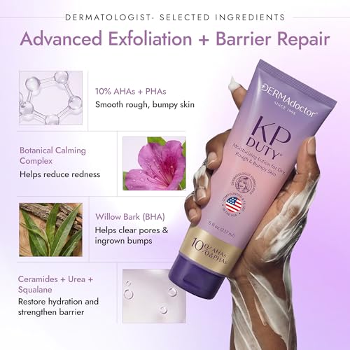 Image of DERMAdoctor KP Moisturizing Lotion The Original Dermatologist Formulated Body Cream for Keratosis Pilaris | Treats Dry, Rough, and Bumpy Skin | Strawberry Legs Treatment | 10% AHAs + PHAs - 8 oz