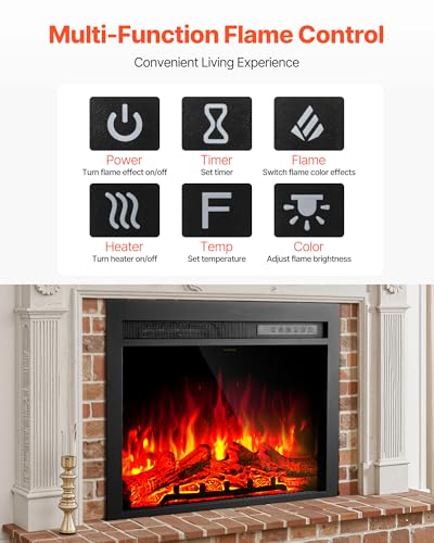 Image of VEVOR 28.5 inch Electric Fireplace Insert, Recessed & Wall-Mount, 5000BTU Indoor Heater with Adjustable Realistic Flame Colors & Brightness, 8h Timer, Tempered Glass, 750W /1500W Dual Heat, Black