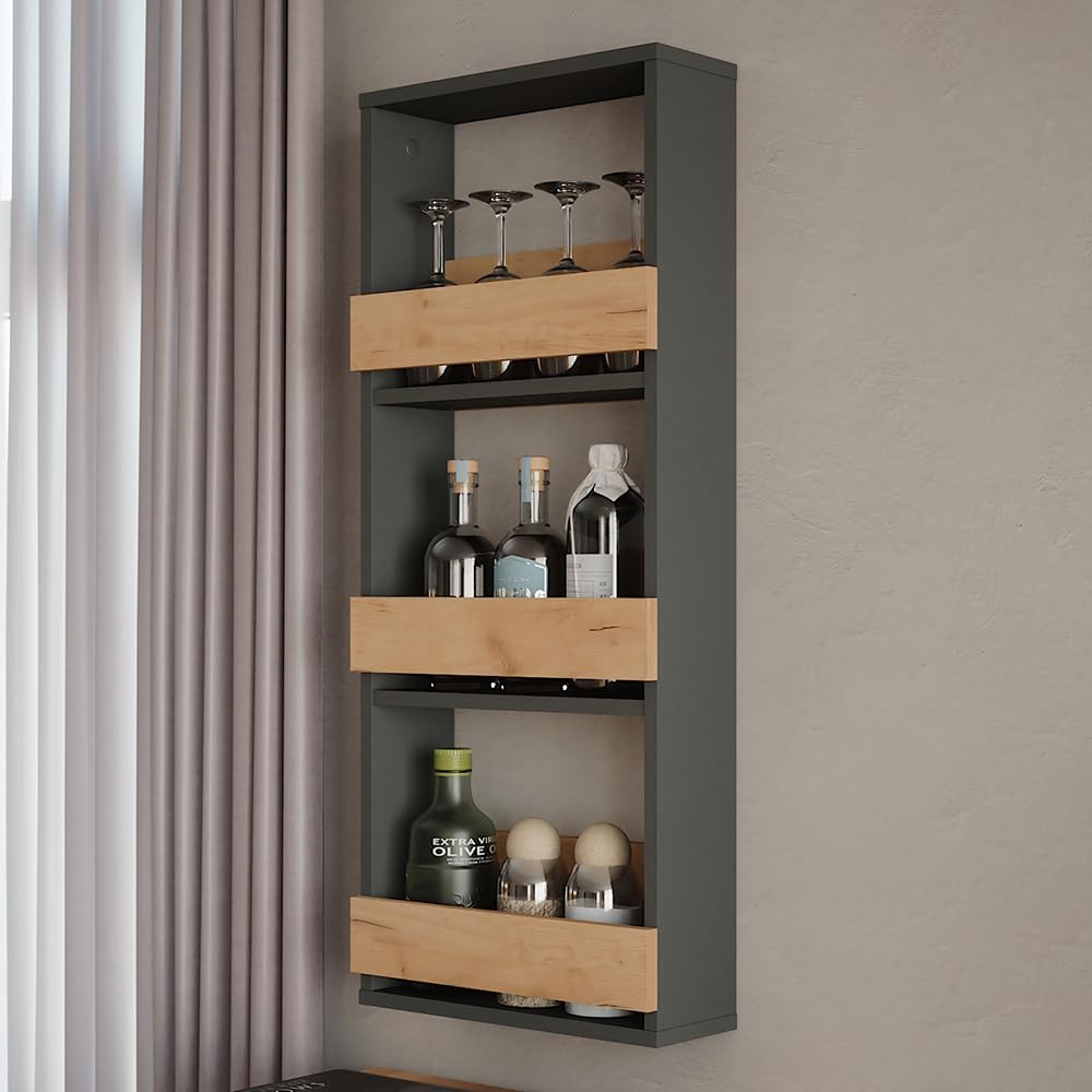 Vicco Scaffale a muro Repose, Rovere dorato/antracite, 40 x 98 cm | per montaggio a parete con supporti per fino a 8 bicchieri da vino