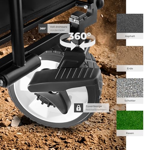 tectake Bollerwagen faltbar, Transportwagen klappbar, mit Tasche, Handwagen zum Ziehen, breite Gummireifen, Faltbarer Trolley zum Transport, für den Strand, im Garten, belastbar bis 80kg (schwarz)