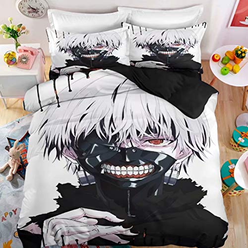 Haonsy 3D Anime Bed Set Twin Size Tokyo Ghoul Tokyo Ghoul Duvet Cover Set 2PCS Anime Bedding for Teens Boys Adults 1 Comforter Cover + 1 Pillowcases Soft (No Comforter)