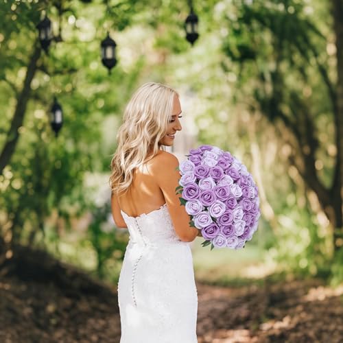 Image of 50 PCS Purple Roses Artificial Flowers, Fake Roses with Stem Realistic Silk Roses for DIY Wedding Bouquets Table Centerpieces Arrangements Baby Shower Birthday Home Decor Valentine's Day Gift for Her