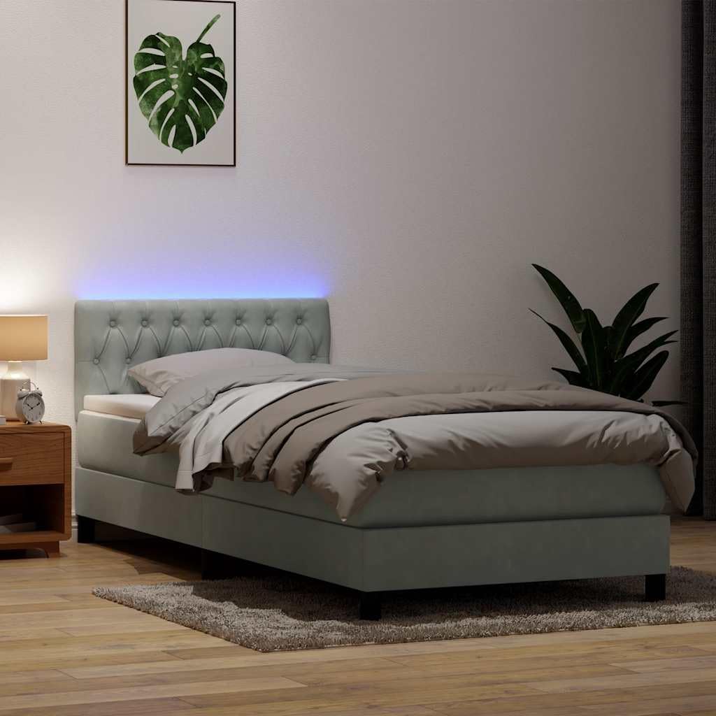 Aksamitny z materacem kieszeniowym do sypialni z LED Szary 80x210 cm | Łóżko kontynentalne 80x210 z materacem sprężynowym, topperem i oświetleniem LED, aksamitne, jasnoszare, z regulowanym