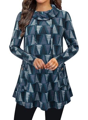 Bulotus Fall Sweaters for Women 2025 Cowl Neck Asymmetrical Long Tunics for Leggings Vacation Travel Tops with Pockets