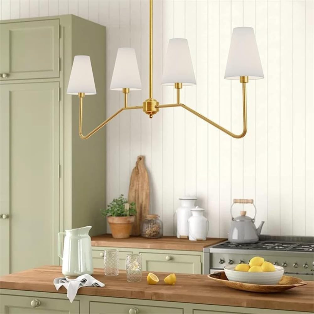 HTsilphelene Modern Chandelier,Linear Kitchen Island Lighting Fixture with White Fabric Shade,Height Adjustable Pendant Light for Living Room Bedroom Hallway Height Adjustable (Gold,4 Heads)