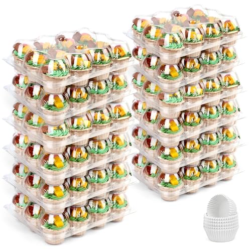 LotFancy (12 Count x 12 Sets) Cupcake Containers with 144 Liners, Thick Plastic Cupcake Boxes Holders, BPA Free, Disposable Cupcake Carrier with Detachable Tall Dome Lid  