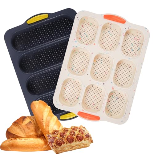 Holzsammlung Baguetteform aus Silikon, 2er-Pack Antihaftbeschichtetes Französisches Brotbackblech, 4 Gittern Baguetteblech, 9 Gittern Mini-Baguettebackblech, Haushalt Wiederverwendbare Kastenform