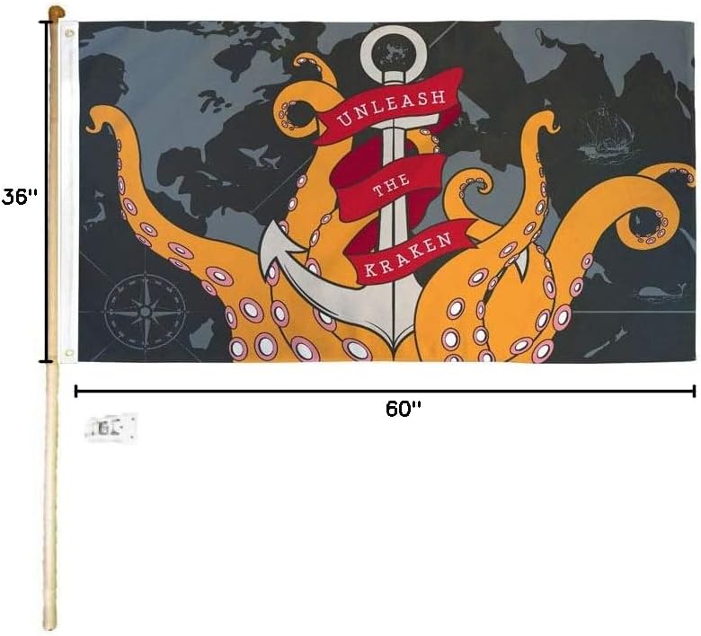 3x5 3'x5' Pirate Unleash The Kraken Polyester Flag With 5' (Foot) Flag Pole Kit With Wall Mount Bracket & Screws (Imported)