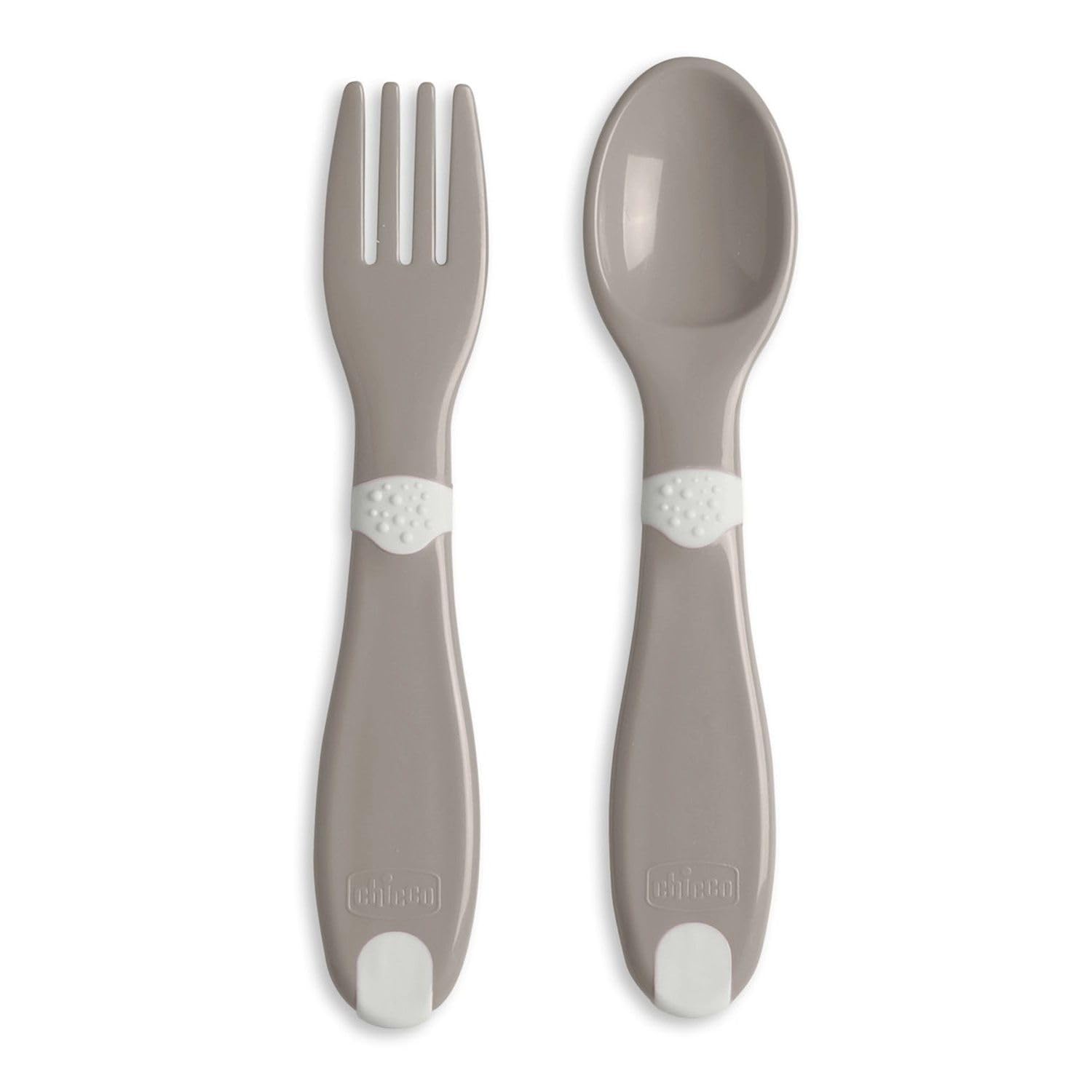 Chicco Mes Premiers Plastic Cutlery for Children, Fork and Spoon, Small, Lightweight, Easy to Grip, Non-Slip Finish, 12M+, 2 Pieces, 0% BPA, Grey