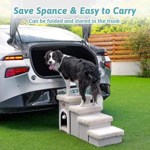 COZY KISS Haustiertreppe für Kleine Hunde mit Stauraum Und Wohnung, Hundetreppe Faltbare für Sofa Couch, Hunde Treppe mit Rutschfestem Boden, Lecksichere, Bis Zu 80kg (Beige, 33x89x45, 4)