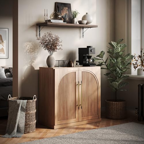 Image of BELLEZE Modular Sideboard with Double-Arc Wood Doors, Small Arched Buffet Cabinet with Storage and Adjustable Shelves, Classic Modern Credenza for Living Room, Kitchen or Entryway(Camel)