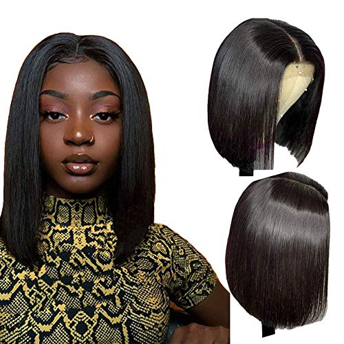 Short Straight Bob Wigs Brazilian Virgin Human Hair Lace Front Wigs 150% Density 4x4 Lace Wigs for Black Women Natural Black (12 inch)