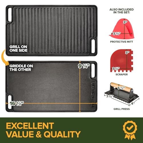 Cast Iron Griddle/Grill Reversible Combo Set + Protective Mitts, Grill Press & Scraper- Pre-seasoned Indoor & Outdoor gas Stove Griddle- Stovetop, Camping or Home Cooking Non-Stick Griddle Pan