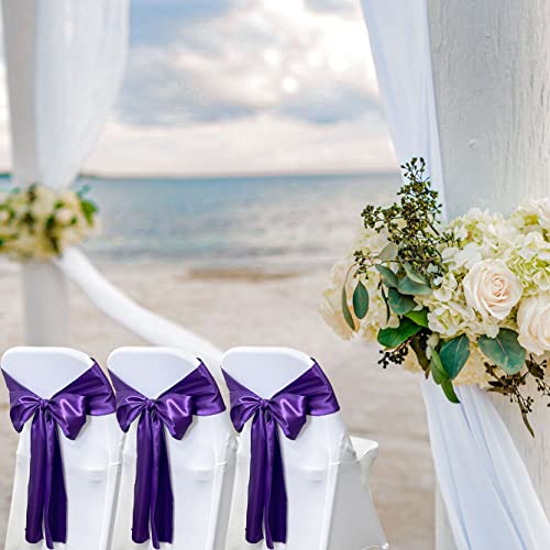 Maiangel Satin Chair Sashes Bows-50PCS Chair Ribbon Ties Back Sash for Wedding Party Events Banquet Chair Cover Decoration (Purple)