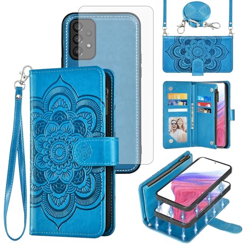 Coque Samsung Galaxy A53 5G avec porte-cartes à fleurs et bandoulière pour vos sorties