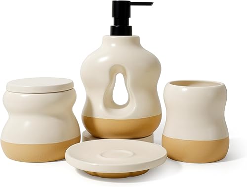 Miniatura 7 de BosilunLife Juego de 4 accesorios de baño, juego de jabón beige para decoración de baño, loción de baño, dispensador de jabón, soporte para cepillos