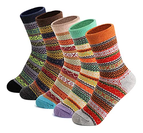 Joylife Ethnic Print Crew Socks Stripes Pattern Quartz Socks Vintage Colorful Cozy Socks for Women, Ladies, Girls, 5 Pack