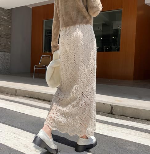 chouyatou Women's Bodycon Floral Embroidered Knit Skirt Lace Crochet Eyelet Pencil Flared Midi Skirt4