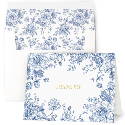 AUDREE 50 Gold Foil Thank You Cards with Envelopes (4x6) - Elegant Blue Floral Thank You Cards with Matching Adhesive Envelopes - Perfect for Wedding, Bridal Showers, Baby Showers, All Occasion