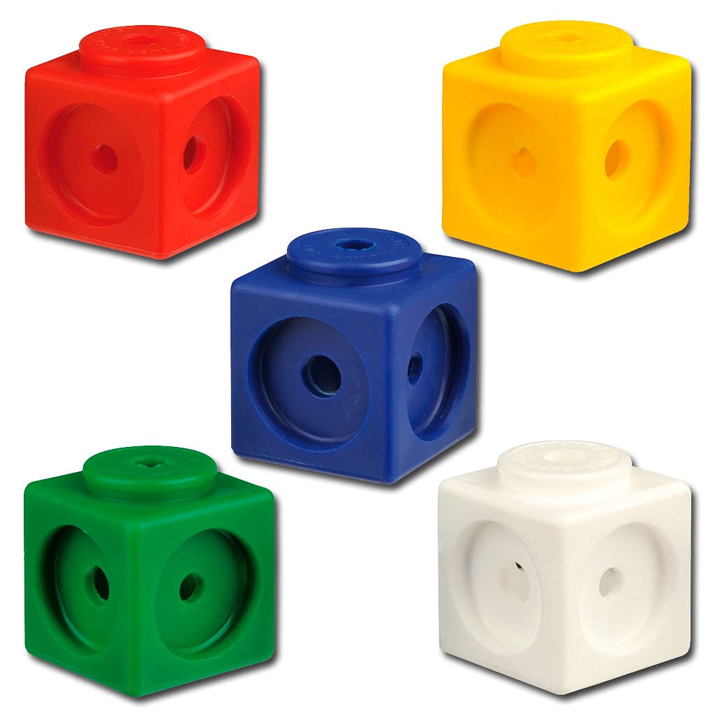 Wiemann Lehrmittel - Steckwürfel für die Grundschule - 1000 Stück - Kantenlänge 1,7 cm - Dick-System - Inkl. Aufbewahrungsbox - Würfel-Set in Rot, Gelb, Blau, Grün, Weiß