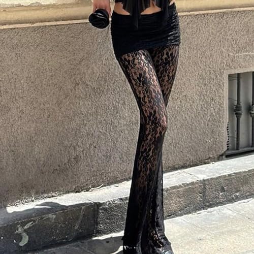 Women Black Lace Bell Pants Sexy See Through Mesh Flare Bottom Elastic High Waist Rave Party Outfits3