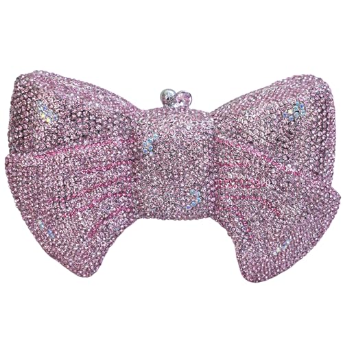 Image of Handmade Inlay Rhinestone Bow Clutch Bag for Women, Sparkling Evening Party Wedding Purse with Detachable Pearl Chain
