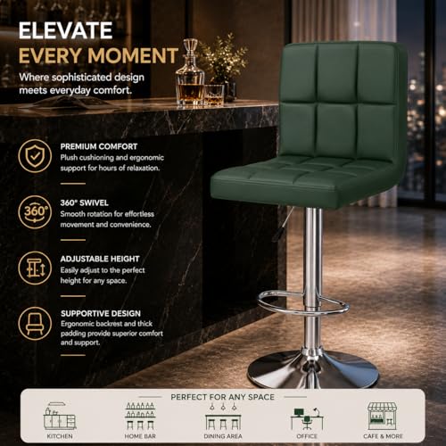 Image of Kemon KaiMeng Modern Adjustable Swivel Bar Stool Chair with Backrest, PU Leather Hydraulic Counter Stool with Footrest for Kitchen Island, Cafe & Home Bar, Green, Square Tufted Back Stool