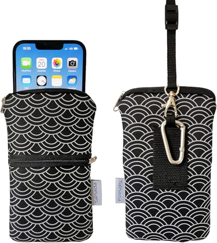 Image of Tainada Men Women Phone Neoprene Shockproof Zipper Sleeve Case Bag Pouch w /Clip, Neck Lanyard, Belt Loop Holster for iPhone 17 /16 /15 Pro Max, 16 /15 Plus ; Samsung S25+, S24, Z Fold7 (Black Waves)