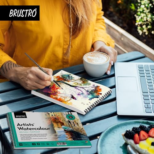Image of BRUSTRO Artists Watercolour Pad | 25% Cotton, 300 GSM, A5, Wiro Bound, Spiral, Cold Pressed, 12 Sheets, 24 Perforated Pages | Ideal for Watercolors, Acrylic, Tempera, Gouache, Ink, Pastels.