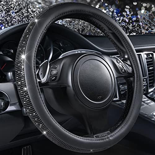 CAR PASS Bling Diamond Leather Steering Wheel Cover, With Bling Sparkly Crystal Glitter Rhinestones Universal Fit 14"1/2-15" Car Wheel Protector for Women Girl Fit Suvs,Vans,Sedans,Cars,Trucks, Black