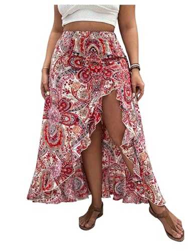 Women's Plus Size Graphic Boho Midi Skirts Ruffle Asymmetrical Flowy Beach Vacation Skirt