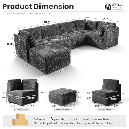 Image of ovios Modular Sectional Sofa Couch with L-Shape Chaise Ottoman, Comfy Plush Corduroy Cloud Couches, Modern Luxury Deep Seat Sofas Set for Living Room, 6-Seater, Grey