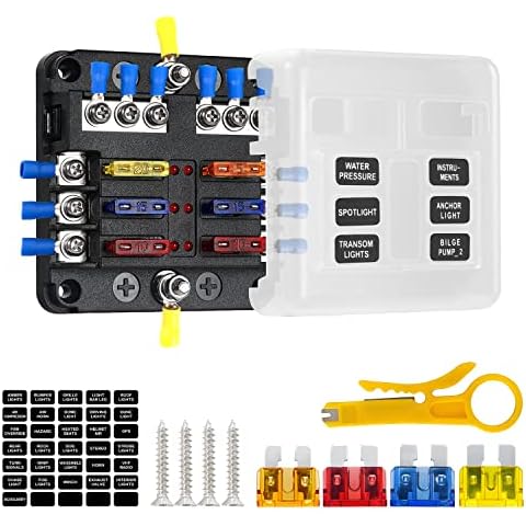 TOMORAL 12V Fuse Block Fuse Box Holder with LED Indicator Waterpoof Cover and Sticker Labels for 12V/24V Automotive Truck Boat Marine RV Van Vehicle (6 Circuit Fuse Box) Cover