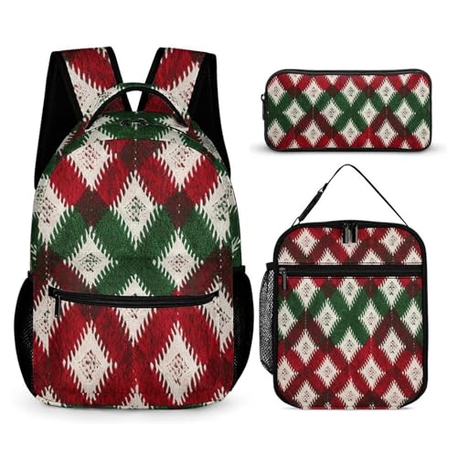 With Diamond Pattern Backpack Set Lightweight Daypack with Lunch Box Pencil Bags Bookbags 3 in 1