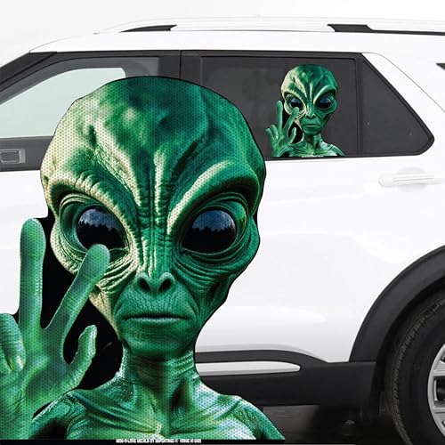 Image of Alien Peace Waving Ride-A-Long 12 inch inch Perforated Laminated See Thru Window Decal attaches to Rear Side Window. Made in USA.