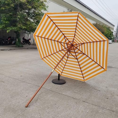 9 Ft Yellow Striped Patio Umbrella - Outdoor Market Table Shade, Garden Parasol with Solid Wooden Pole, Perfect for Balcony & Backyard Sun Protection