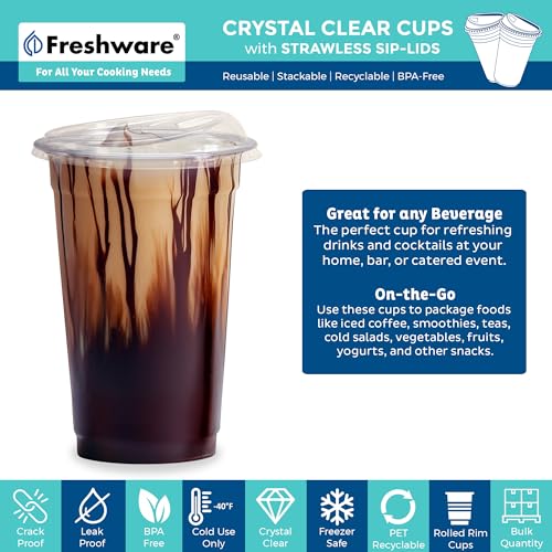 Image of Freshware Clear Plastic Cups with Strawless Sip Lids [100 Cups - 20 oz] Disposable Tumblers for Iced Coffee, Smoothie, Milkshake, Cold Drinks