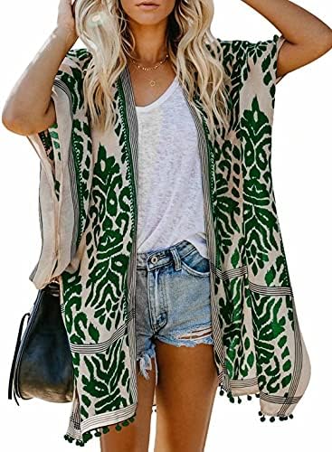 GOSOPIN Women's Summer Printed Tassle Open Front Kimono Cardigan V Neck Loose Beach Cover Up