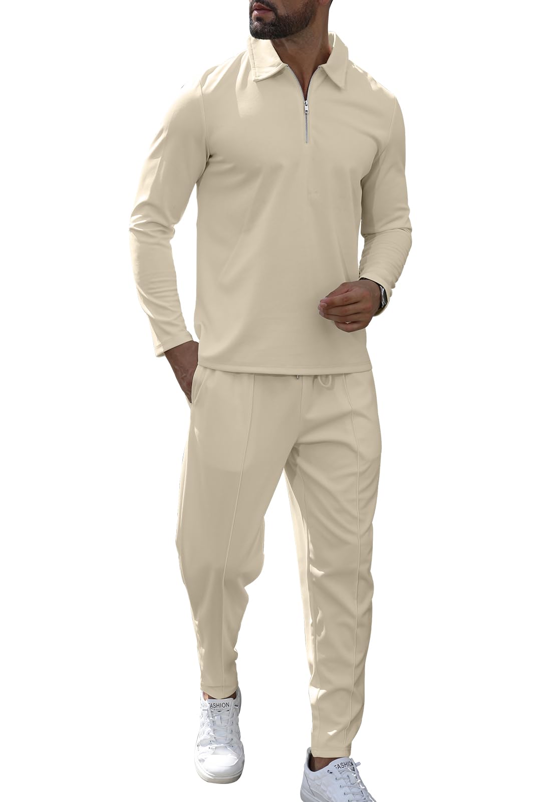 Mens Tracksuits 1/4 Zip Polo 2 Piece Outfits Long Sleeve Pullover Tracksuit Set Sweatshirt and Joggers Casual Waffle Tops Bottoms Sport Activewear Golf Suit S-XXL
