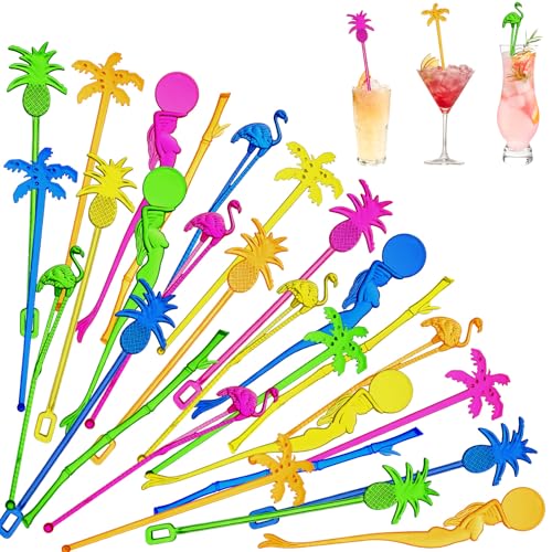 Willinglong 100 Assorted Tropical Swizzle Sticks Bar Cocktail Stirrers Luau Palm Tree Flamingo Fun Reusable Novelty Beverage Cocktail Margarita Tiki Drink Stirring Sticks for Birthday Wedding Party