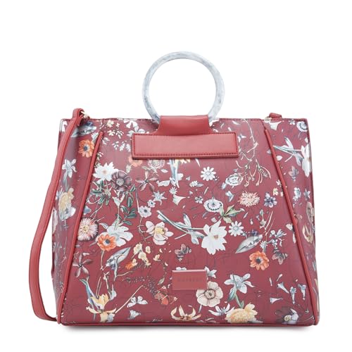 Image of Caprese Fiorella Satchel, Burgundy-Large | Stylish Floral Printed Shoulder Bag for Women with Adjustable Sling Strap | Easy Back Access Pocket & Spacious | Perfect for Office & Daily Essentials