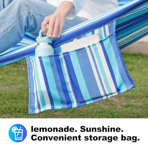 Image of GAFETE Hammock 2 Person Quilted Fabric Hammocks for Outside, Double 12ft Hammocks with Spreader Bar, Large Removable Pillow, Storage Bag, Carabiners, Max 475 lbs Capacity (Ocean Blue)