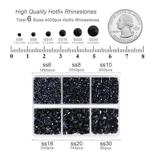 Image of BEADSLAND Hotfix Rhinestones, 4000 PCS Black Rhinestones for Clothes Crafts Mixed 6 Sizes with Wax Pencil and Tweezers Kit, SS6-SS30,Jet Black