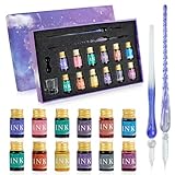 PDCTACST Glass Dip Pen Ink Set, 16pcs Fountain Calligraphy Pens Set, 2 Crystal Signature Glass Pen, 12 Gold Powder Drawing Ink Drip Tool for Art Writing Signatures Beginners Valentines Day Gift