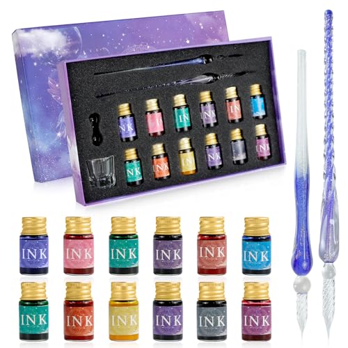 PDCTACST Glass Dip Pen Ink Set, 12 Colors, Calligraphy Ink with 2 Crystal Glass Pens, Cleaning Cup, Ink Drip Tool, Perfect for Beginners, Valentines Day Gift