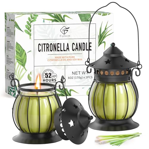 Citronella Candles Outdoor 2 Pack 6oz Lemongrass Scented Soy Wax Candles with Vintage Metal Lantern Holder Outdoor Candle for Patio Garden Camping Decor Yellow Green Gift Set for Women