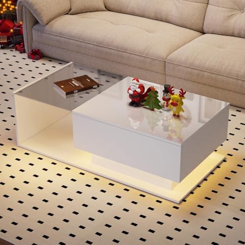 PUGSDRLY Tavolino basso, tavolino da salotto moderno, con 1 cassetto e illuminazione a LED, tavolo da soggiorno con piano in vetro, 100 x 50 x 32 cm (stile 1, bianco)