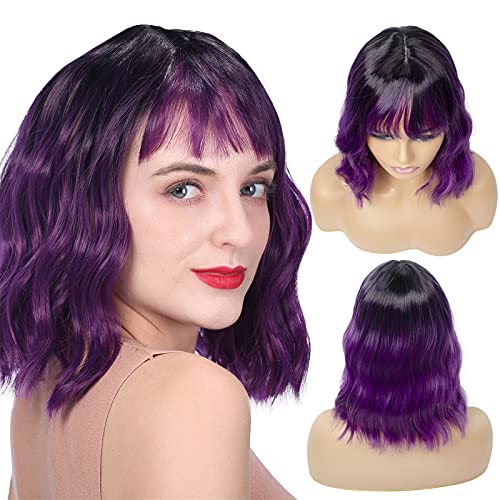 Wigs for Women - Ombre Color Wig with Bangs for White Women, Short Wavy Bob Wig Colorful Shoulder Length, Pastel Colored Cosplay Wig Synthetic Costume Wigs (Black-Blue-Purple, 12inch)