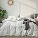 MooMee Striped Duvet Cover Set 100% Washed Cotton Linen Like Textured Breathable Durable Soft Comfy (White Dark Grey Wide Stripes, Queen 90