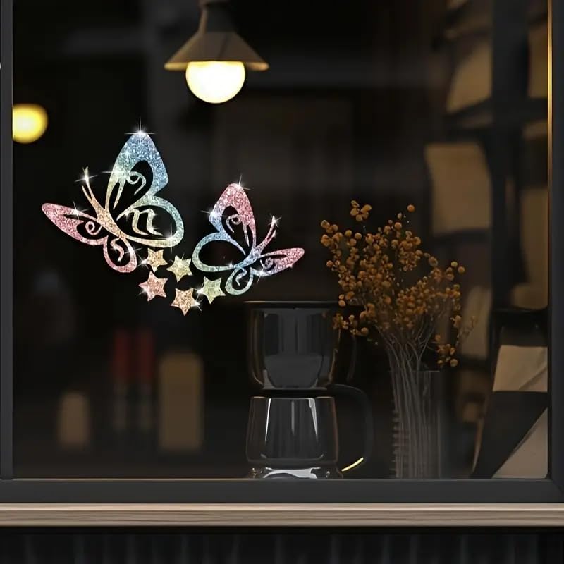 2PCS Butterflies Shine Brightly with Star PVC Rainbow Glittery Decal Sticker for Cars, Laptops, Trucks, Motorcycles Wall Window Luggage Scratch Cover Door Multi-Surface Decor Sticker - Image 4
